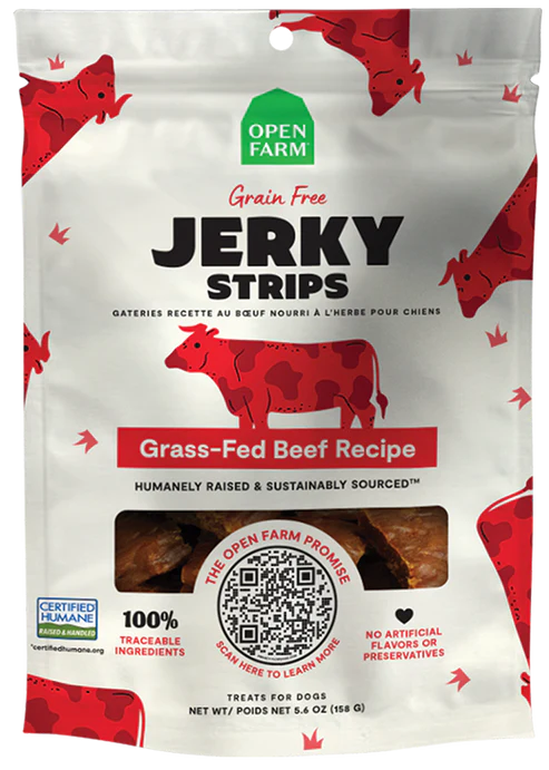 Open Farm Grain Free Jerky Strips Grass-Fed Beef Recipe Dog Treat